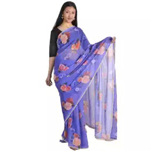 Purple Floral Print Pearl Lace Saree With Blouse Piece For Women